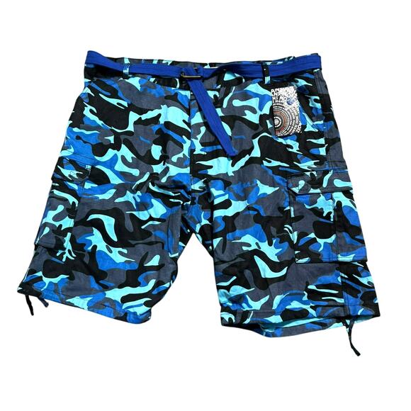 NOIZ NWT Men's 54 Blue Camo Vintage 90s Y2K Baggy‎ Denim Jean Shorts Belt Skater - Picture 1 of 10